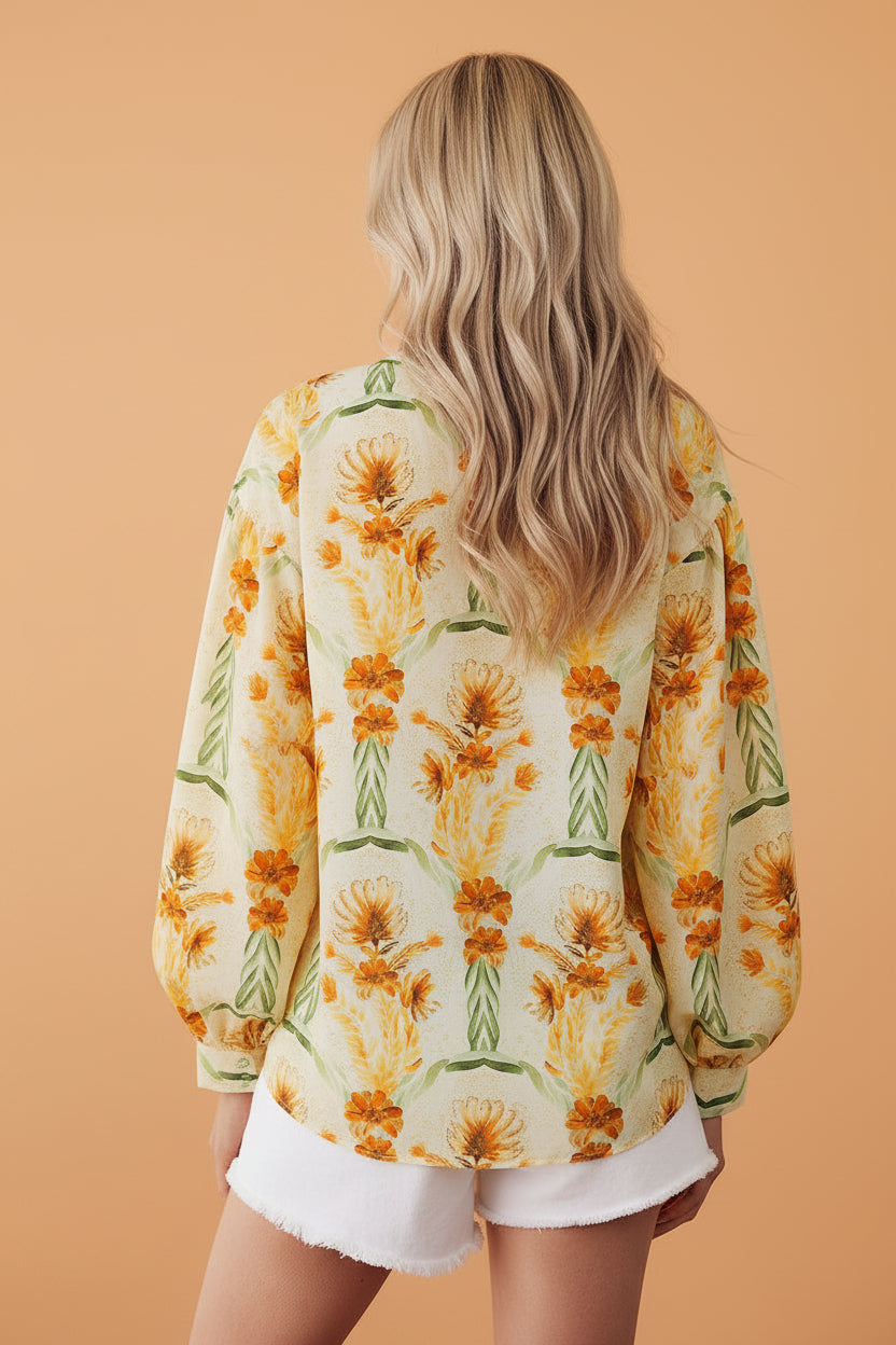 Floral Stripe Contrast V-Neck Puff Long Sleeve Blouse